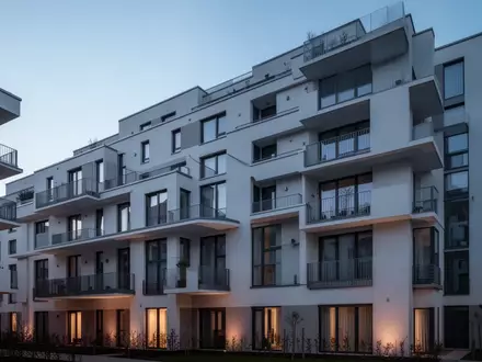 Moderne Wohnhausfassade in der Dämmerung als Symbol für den Wohnungsmarkt und staatliche Wohngeldunterstützung. - Foto: über boerse-global.de