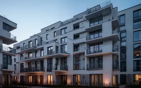 Moderne Wohnhausfassade in der Dämmerung als Symbol für den Wohnungsmarkt und staatliche Wohngeldunterstützung. - Foto: über boerse-global.de