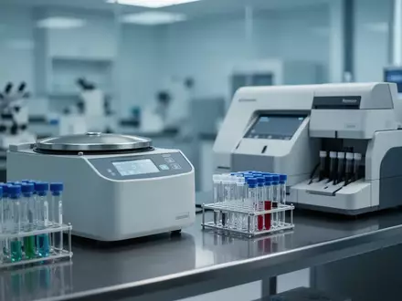 Ein steriler Laborarbeitsplatz mit medizinischen Analysegeräten und Zentrifugen zur Untersuchung von Blutproben. - Foto: über boerse-global.de