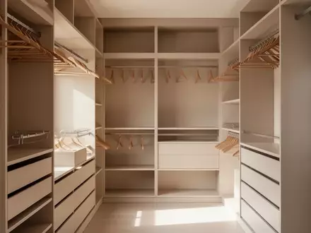 Minimalistischer, hell beleuchteter begehbarer Kleiderschrank mit leeren Kleiderbügeln und Regalen. - Foto: über boerse-global.de