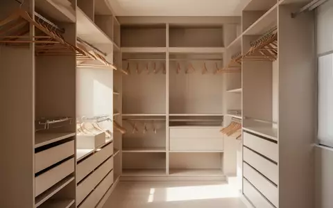 Minimalistischer, hell beleuchteter begehbarer Kleiderschrank mit leeren KleiderbĂĽgeln und Regalen. - Foto: ĂĽber boerse-global.de