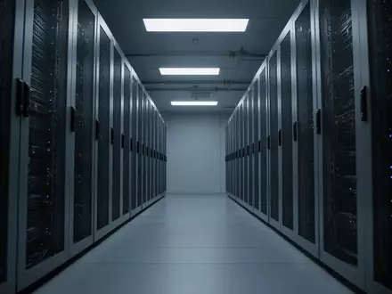 Ein minimalistischer, dunkel beleuchteter Serverraum mit metallischen Server-Racks in einer sterilen, industriellen Umgebung. - Foto: über boerse-global.de
