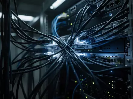 Ein komplexer Knotenpunkt aus Glasfaserkabeln in einem dunklen, industriellen Serverraum. - Foto: über boerse-global.de