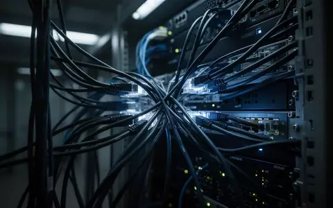 Ein komplexer Knotenpunkt aus Glasfaserkabeln in einem dunklen, industriellen Serverraum. - Foto: über boerse-global.de