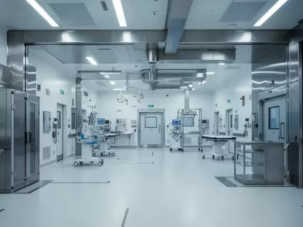 Moderne, sterile medizinische Infrastruktur mit Edelstahl-Elementen in einem hellen, klinischen Umfeld. - Foto: über boerse-global.de