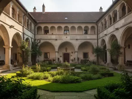 Ein ruhiger, sonnendurchfluteter Klosterhof mit alten Steinbögen und einer gepflegten Gartenanlage. - Foto: über boerse-global.de