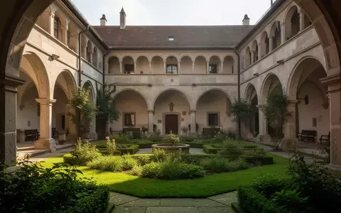 Ein ruhiger, sonnendurchfluteter Klosterhof mit alten Steinbögen und einer gepflegten Gartenanlage. - Foto: über boerse-global.de