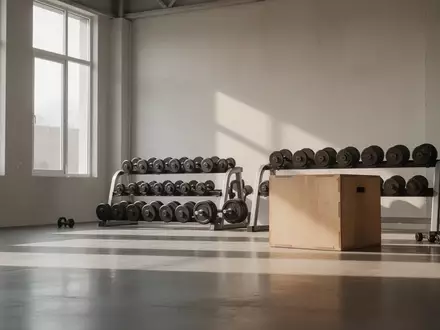 Ein minimalistischer, lichtdurchfluteter Fitnessraum mit Hanteln und Trainingsgeräten in einer ruhigen, konzentrierten Umgebung. - Foto: über boerse-global.de