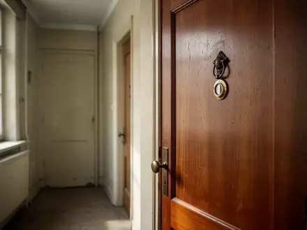 Ein ruhiger, sonnendurchfluteter Flur in einem Wohnhaus mit einer geschlossenen Holztür und einem Türspion. - Foto: über boerse-global.de
