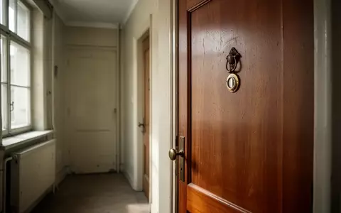 Ein ruhiger, sonnendurchfluteter Flur in einem Wohnhaus mit einer geschlossenen Holztür und einem Türspion. - Foto: über boerse-global.de