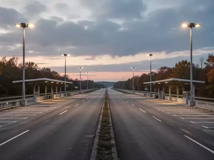 Leerer Parkplatz einer Autobahnraststätte bei Dämmerung mit Asphaltflächen und hohen Lichtmasten. - Foto: über boerse-global.de