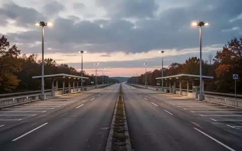 Leerer Parkplatz einer Autobahnraststätte bei Dämmerung mit Asphaltflächen und hohen Lichtmasten. - Foto: über boerse-global.de