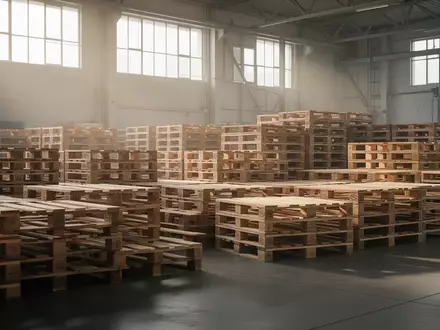 Leere, ordentlich gestapelte Holzpaletten in einer hellen Lagerhalle bei Tageslicht. - Foto: über boerse-global.de