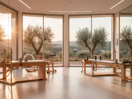 Ein helles, modernes Physiotherapiestudio in Spanien mit Blick auf eine mediterrane Landschaft bei Sonnenuntergang. - Foto: über boerse-global.de