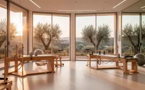 Ein helles, modernes Physiotherapiestudio in Spanien mit Blick auf eine mediterrane Landschaft bei Sonnenuntergang. - Foto: über boerse-global.de
