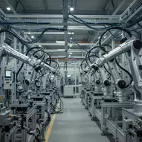 Moderne, automatisierte Produktionshalle mit Präzisionsmaschinen und metallischen Roboterarmen in einer Industrieanlage. - Foto: über boerse-global.de