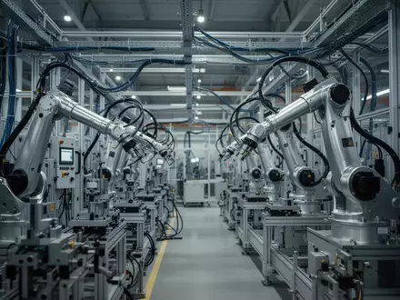 Moderne, automatisierte Produktionshalle mit Präzisionsmaschinen und metallischen Roboterarmen in einer Industrieanlage. - Foto: über boerse-global.de