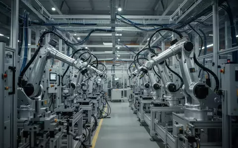 Moderne, automatisierte Produktionshalle mit Präzisionsmaschinen und metallischen Roboterarmen in einer Industrieanlage. - Foto: über boerse-global.de