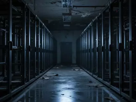 Ein dunkler, verlassener Serverraum mit leeren Serverschränken in einer industriellen Umgebung. - Foto: über boerse-global.de