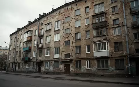 Fassade eines sanierungsbedürftigen Wohnhauses mit sichtbaren Rissen im Mauerwerk bei bewölktem Himmel. - Foto: über boerse-global.de