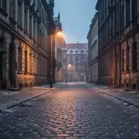 Eine menschenleere, winterliche Straße in Dresden mit altem Kopfsteinpflaster und gedimmter Straßenbeleuchtung. - Foto: über boerse-global.de