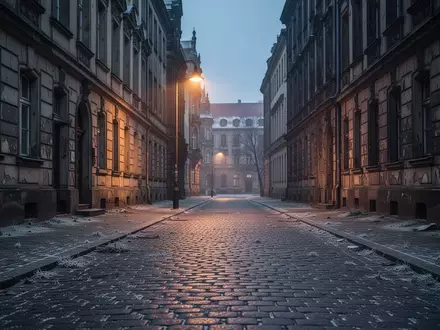 Eine menschenleere, winterliche Straße in Dresden mit altem Kopfsteinpflaster und gedimmter Straßenbeleuchtung. - Foto: über boerse-global.de