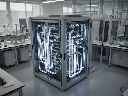 Ein moderner Quantencomputer-Serverraum mit leuchtenden Kühlleitungen in einer sauberen Laborumgebung. - Foto: über boerse-global.de