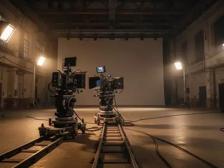 Leeres Filmstudio mit professioneller Kameraausrüstung in einer Produktionshalle. - Foto: über boerse-global.de