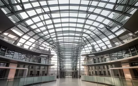 Die gläserne Kuppel des Berliner Reichstagsgebäudes von innen betrachtet, die für Transparenz und staatliche Ordnung steht. - Foto: über boerse-global.de