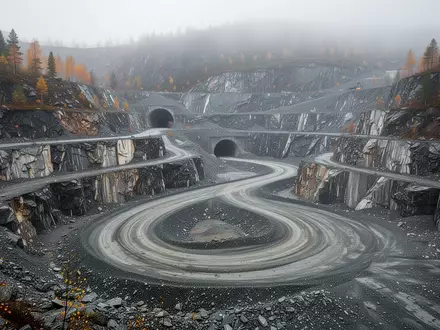 Eine weite Aufnahme eines norwegischen Kalkstein-Tagebaus mit tiefen Felsterrassen und einer unbefestigten Zufahrtsstraße zu einem Tunnel. - Foto: über boerse-global.de