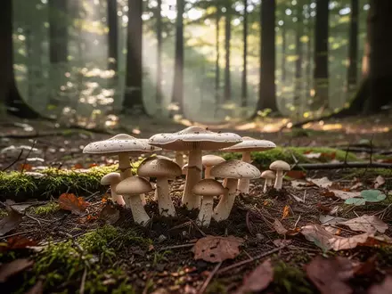 Wildwachsende Pilze auf einem moosbedeckten Waldboden in einem ruhigen Waldgebiet. - Foto: über boerse-global.de