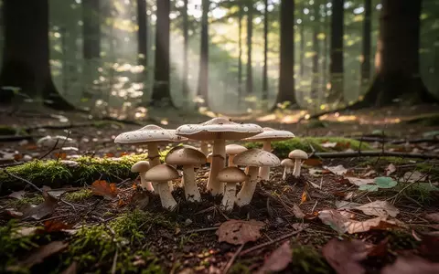 Wildwachsende Pilze auf einem moosbedeckten Waldboden in einem ruhigen Waldgebiet. - Foto: über boerse-global.de