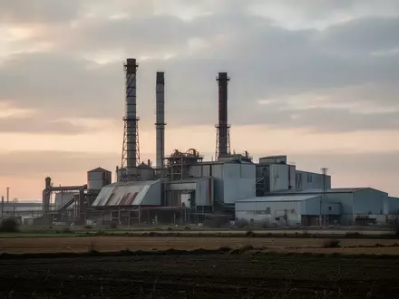 Industrieanlage mit hohen Schornsteinen und Metallgebäuden in einer ländlichen Umgebung bei bewölktem Himmel. - Foto: über boerse-global.de