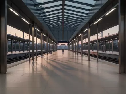Leerer Bahnsteig in einem modernen Bahnhof bei Dämmerlicht mit klaren architektonischen Linien und Stahlsäulen. - Foto: über boerse-global.de