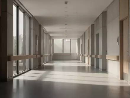 Ein ruhiger, leerer Flur in einem modernen Gebäude mit natürlichem Lichteinfall und minimalistischer Architektur. - Foto: über boerse-global.de