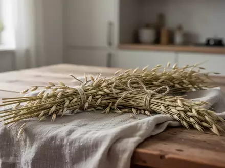 Ein Bündel roher Haferähren auf einem rustikalen Holztisch in einem hellen, minimalistischen Raum. - Foto: über boerse-global.de