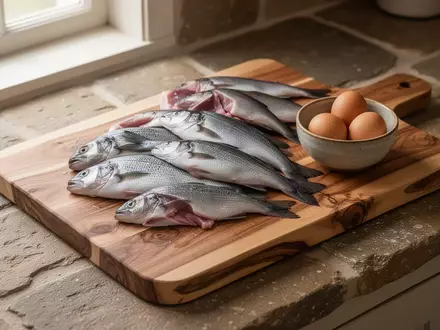 Frische Fischsorten und Hühnereier auf einem hölzernen Schneidebrett in einer hellen Küche. - Foto: über boerse-global.de