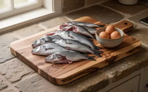 Frische Fischsorten und Hühnereier auf einem hölzernen Schneidebrett in einer hellen Küche. - Foto: über boerse-global.de