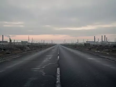 Eine leere, asphaltierte Straße in einer weitläufigen, trüben Industrielandschaft bei Dämmerung. - Foto: über boerse-global.de