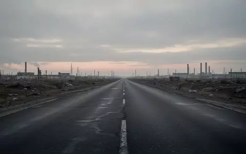 Eine leere, asphaltierte StraĂe in einer weitlĂ€ufigen, trĂŒben Industrielandschaft bei DĂ€mmerung. - Foto: ĂŒber boerse-global.de