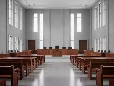 Ein leerer, modern gestalteter Gerichtssaal mit hohen Decken und neutralen Steinwänden, der eine sachliche und formelle Atmosphäre vermittelt. - Foto: über boerse-global.de