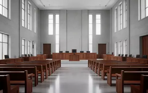 Ein leerer, modern gestalteter Gerichtssaal mit hohen Decken und neutralen Steinwänden, der eine sachliche und formelle Atmosphäre vermittelt. - Foto: über boerse-global.de