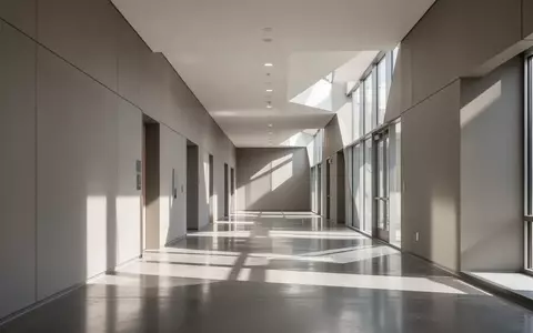 Ein minimalistischer, lichtdurchfluteter Flur in einem modernen öffentlichen Gebäude mit poliertem Betonboden. - Foto: über boerse-global.de