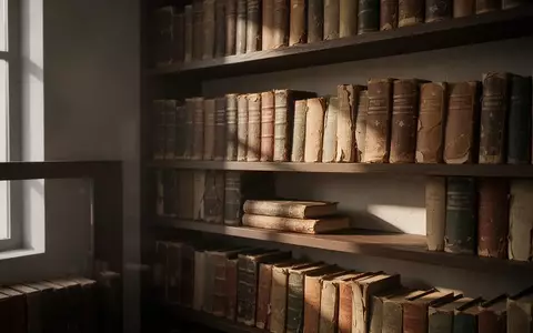 Ein ruhiges, sonnendurchflutetes Regal mit alten, gebundenen Büchern in einer minimalistischen Bibliothek. - Foto: über boerse-global.de
