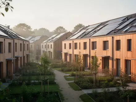 Moderne Wohnsiedlung mit nachhaltiger Architektur, Solardächern und Gemeinschaftsgärten im Morgenlicht. - Foto: über boerse-global.de