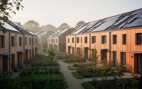 Moderne Wohnsiedlung mit nachhaltiger Architektur, Solardächern und Gemeinschaftsgärten im Morgenlicht. - Foto: über boerse-global.de