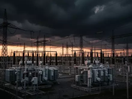 Ein komplexes elektrisches Umspannwerk bei Dämmerung mit sich kreuzenden Stromleitungen vor einem stürmischen Himmel. - Foto: über boerse-global.de