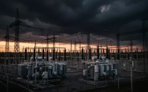 Ein komplexes elektrisches Umspannwerk bei Dämmerung mit sich kreuzenden Stromleitungen vor einem stürmischen Himmel. - Foto: über boerse-global.de