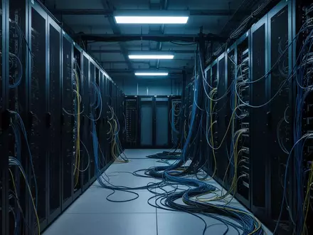 Dunkler Serverraum mit komplexer Verkabelung und unbeleuchteten Serverschränken als Symbol für die Abschaltung krimineller Infrastruktur. - Foto: über boerse-global.de