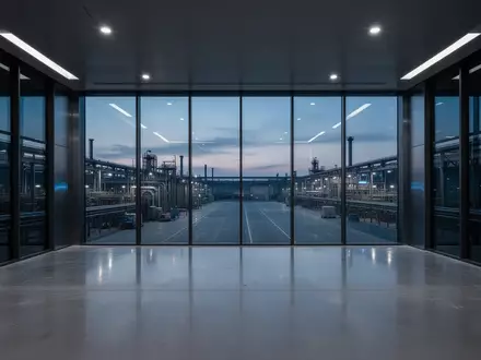 Ein minimalistischer, moderner Kontrollraum mit Blick auf eine weitläufige Industrieanlage in der Dämmerung. - Foto: über boerse-global.de